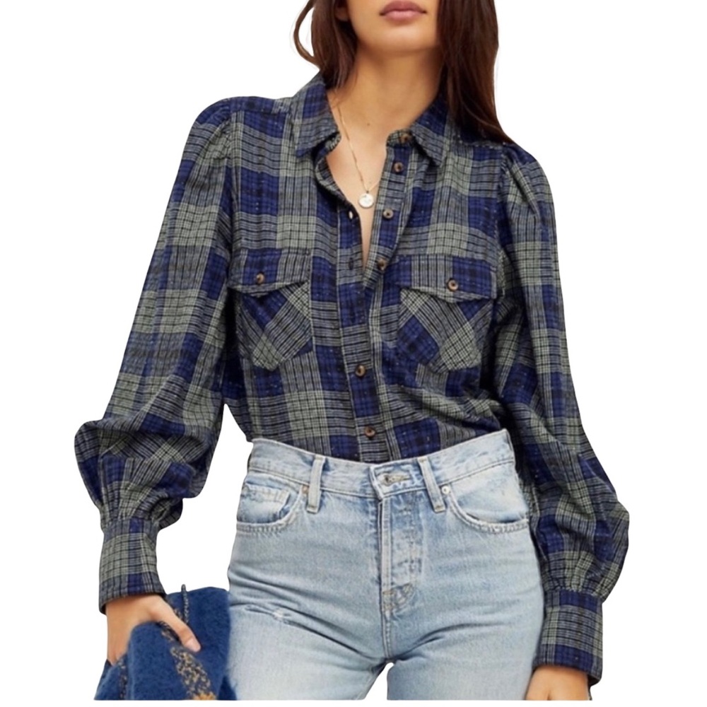 Free People Sun City Blue/Green Plaid Blouse